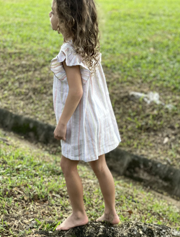 Natur Cotton Linen Flutter Sleeves Girl Dress